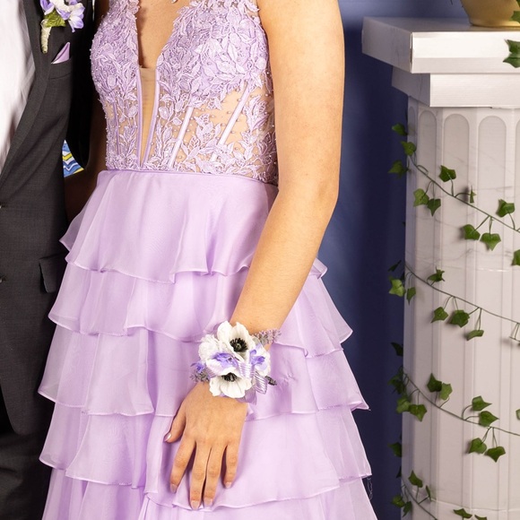 Sherri Hill Lilac Lace Tiered Maxi Dress